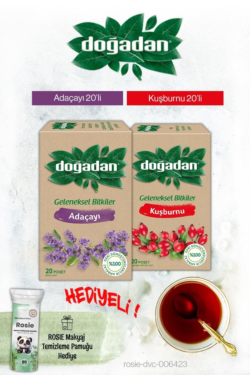Doğadan Kuşburnu ve Adaçayı Poşet Çay ve Rosie Hediyeli