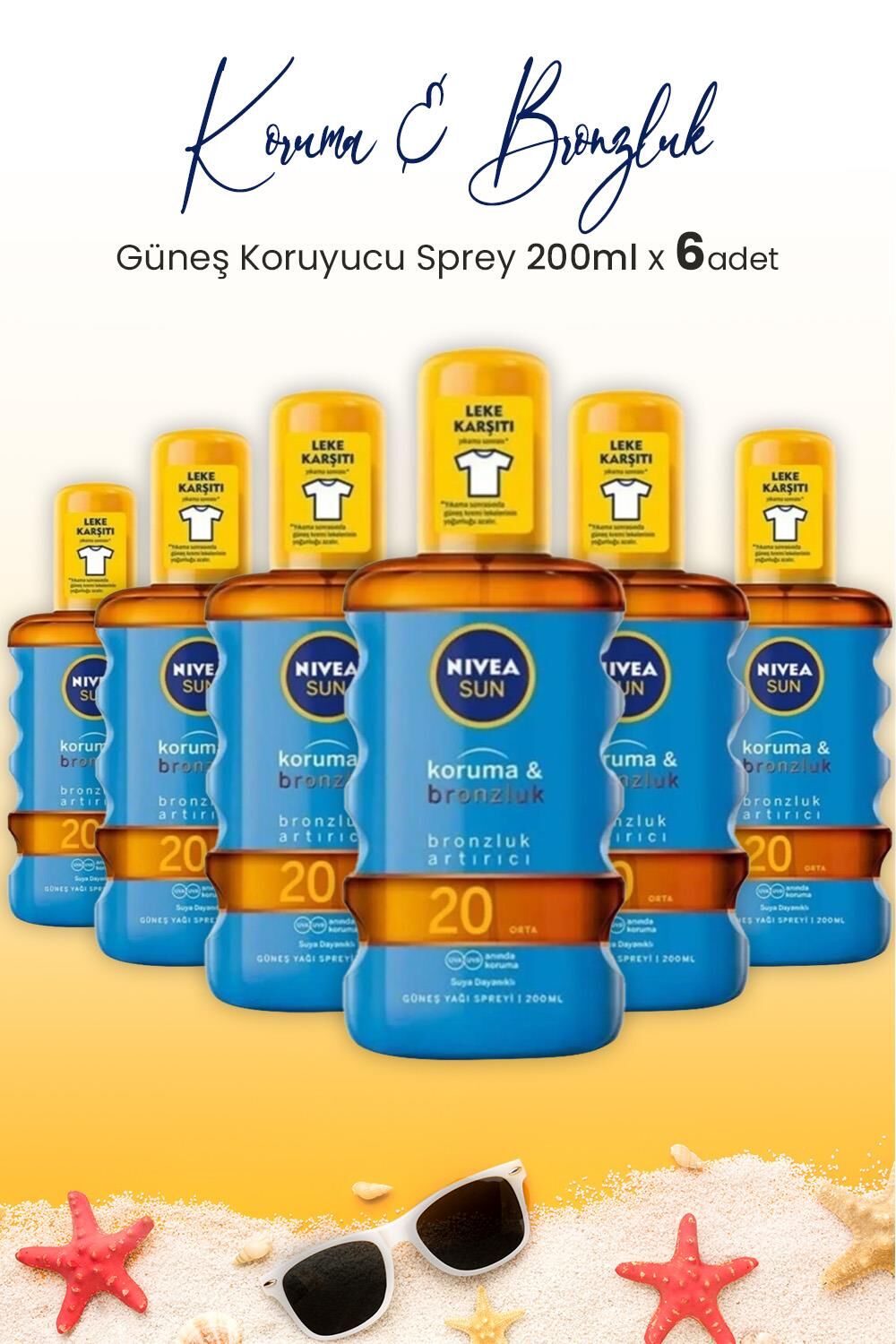 Nivea Sun SPF20 Koruma & Bronzluk Güneş Yağı Sprey 200 ml x 6 Adet
