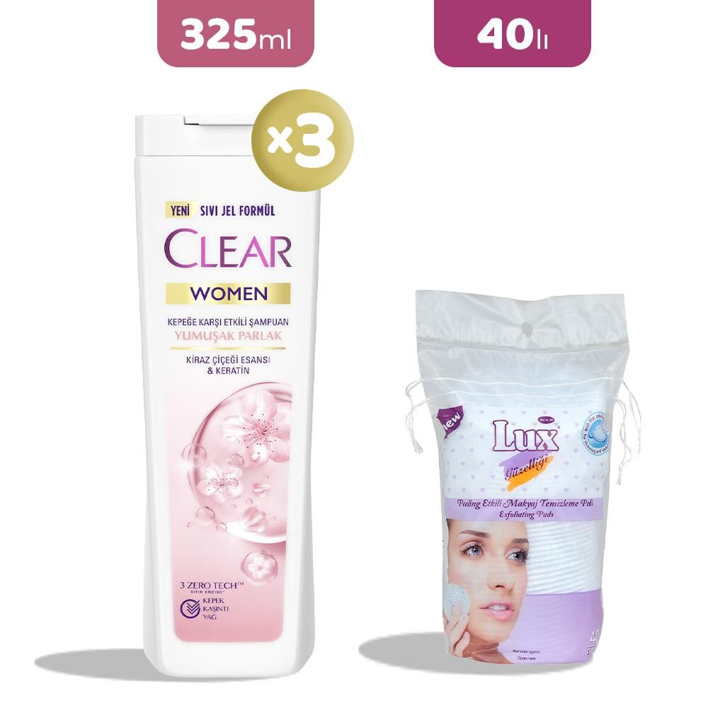 Clear Women Yumuşak Ve Parlak Şampuan 325 ml x 3, Peeling Makyaj Pamuğu Hediye