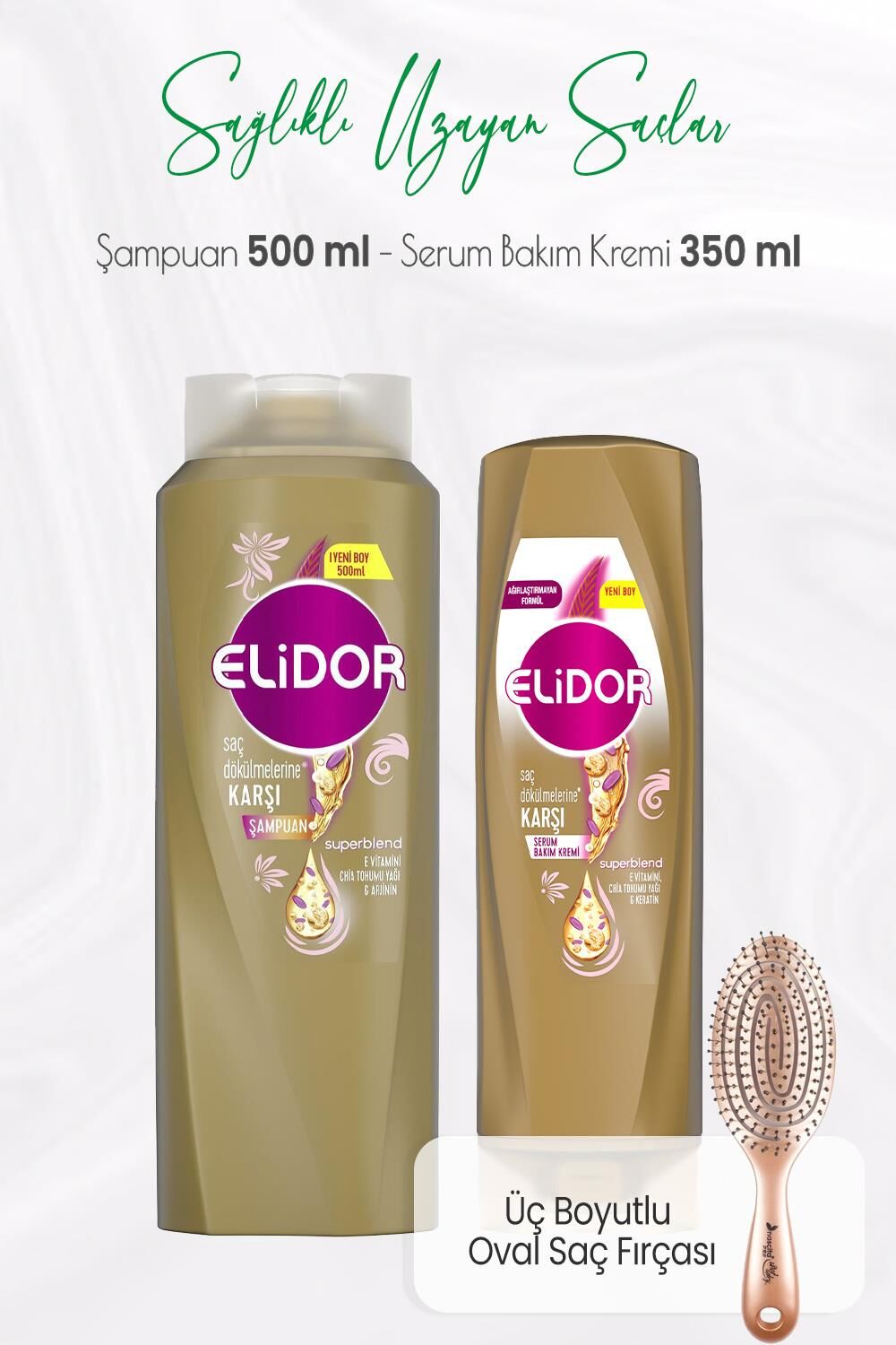 Elidor Superblend Saç Dökülmelerine Karşı Şampuan 500 ml, Serum Bakım Kremi 350 ml ve Üç Boyutlu Oval Saç Fırçası
