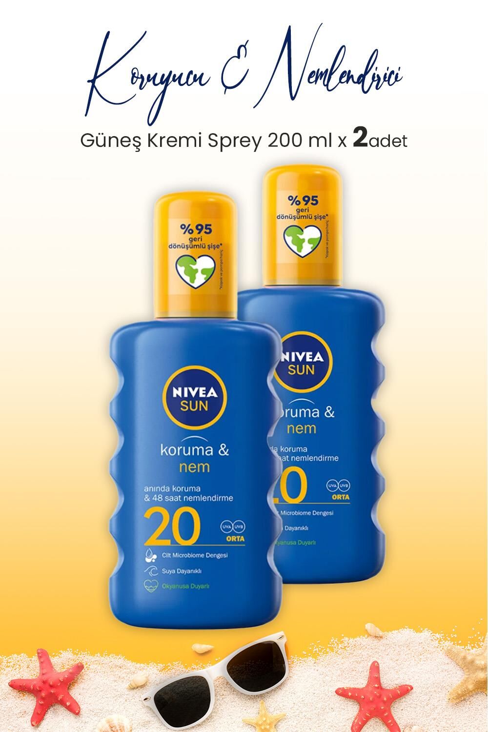 Nivea Sun SPF20 Güneş Koruyucu & 48 Nemlendirici Güneş Kremi Sprey 200 ml x 2 Adet