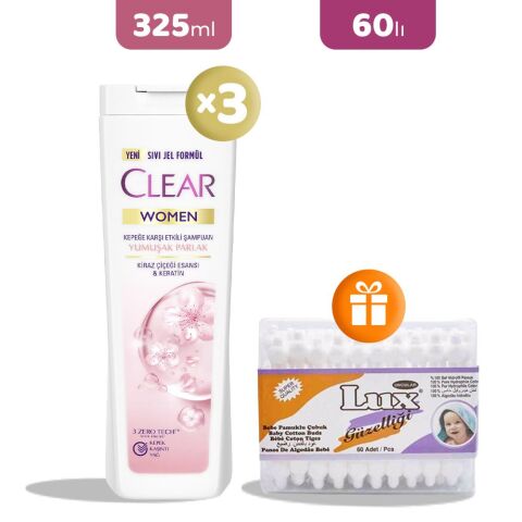 Clear Women Yumuşak Ve Parlak Şampuan 325 ml x 3, Bebe Pamuk Çubuğu Hediye