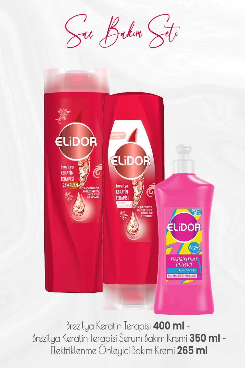 Elidor Superblend Keratin Terapisi Şampuan 400 ml, Serum Bakım Kremi 350 ml ve Elektriklenme Önleyici Krem 265 ml