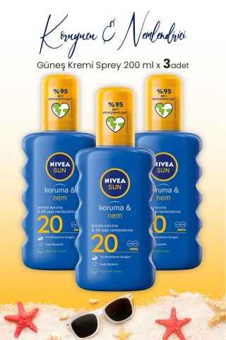 Nivea Sun SPF20 Güneş Koruyucu & 48 Nemlendirici Güneş Kremi Sprey 200 ml x 3 Adet