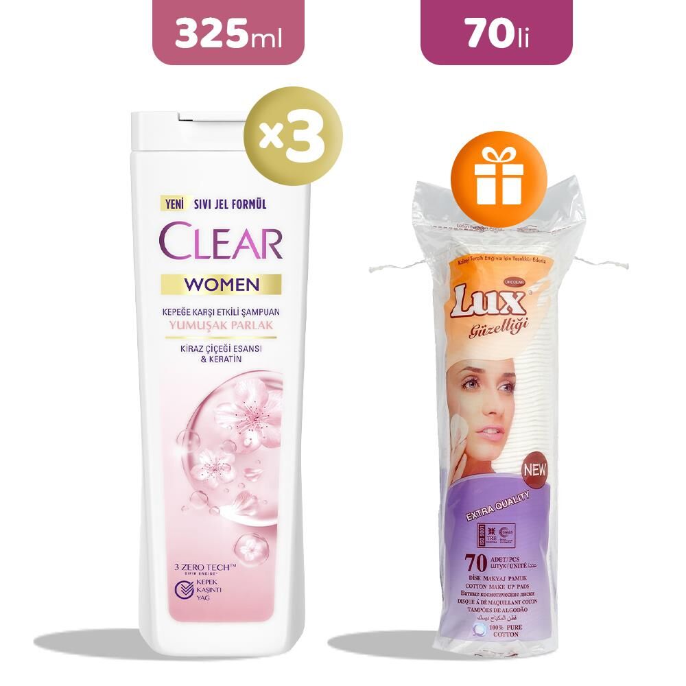 Clear Women Yumuşak Ve Parlak Şampuan 325 ml x 3, Makyaj Pamuğu Hediye