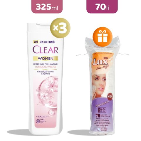 Clear Women Yumuşak Ve Parlak Şampuan 325 ml x 3, Makyaj Pamuğu Hediye
