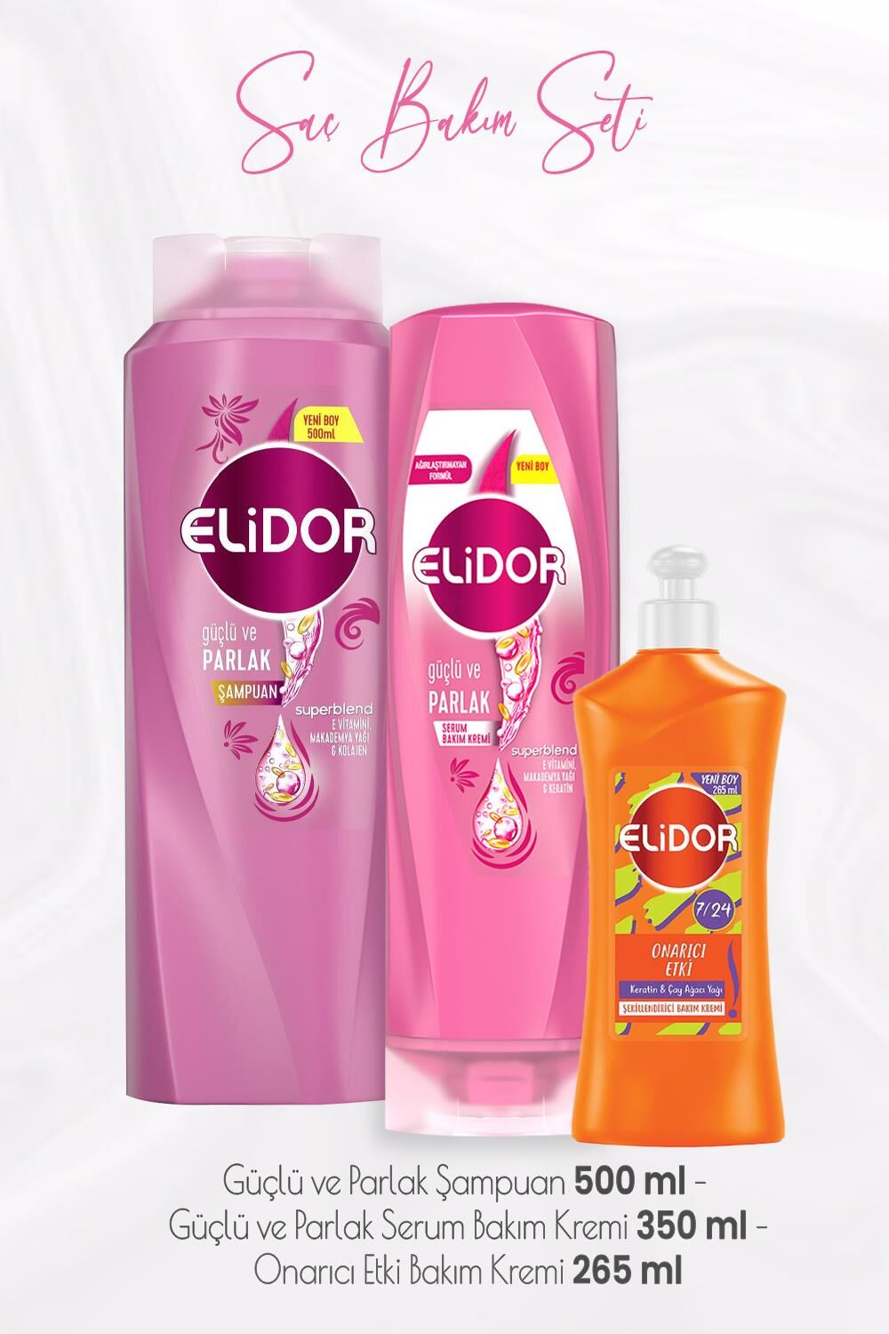 Elidor Superblend Güçlü ve Parlak Şampuan 500 ml, Serum Bakım Kremi 350 ml ve Onarıcı Etki Krem 265 ml