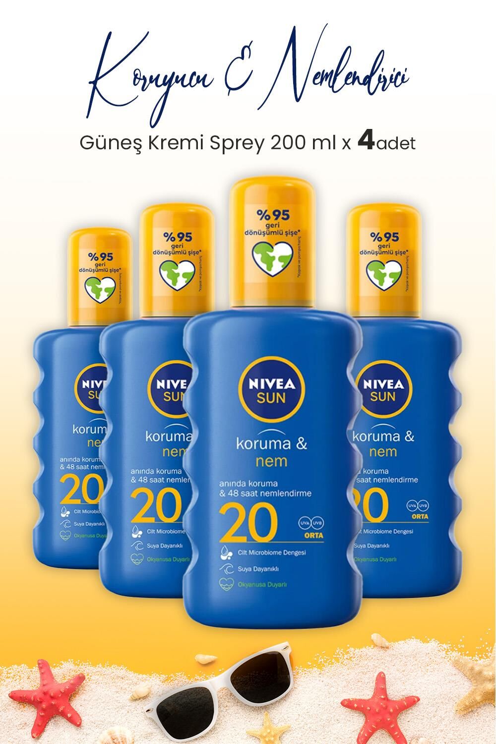 Nivea Sun SPF20 Güneş Koruyucu & 48 Nemlendirici Güneş Kremi Sprey 200 ml x 4 Adet