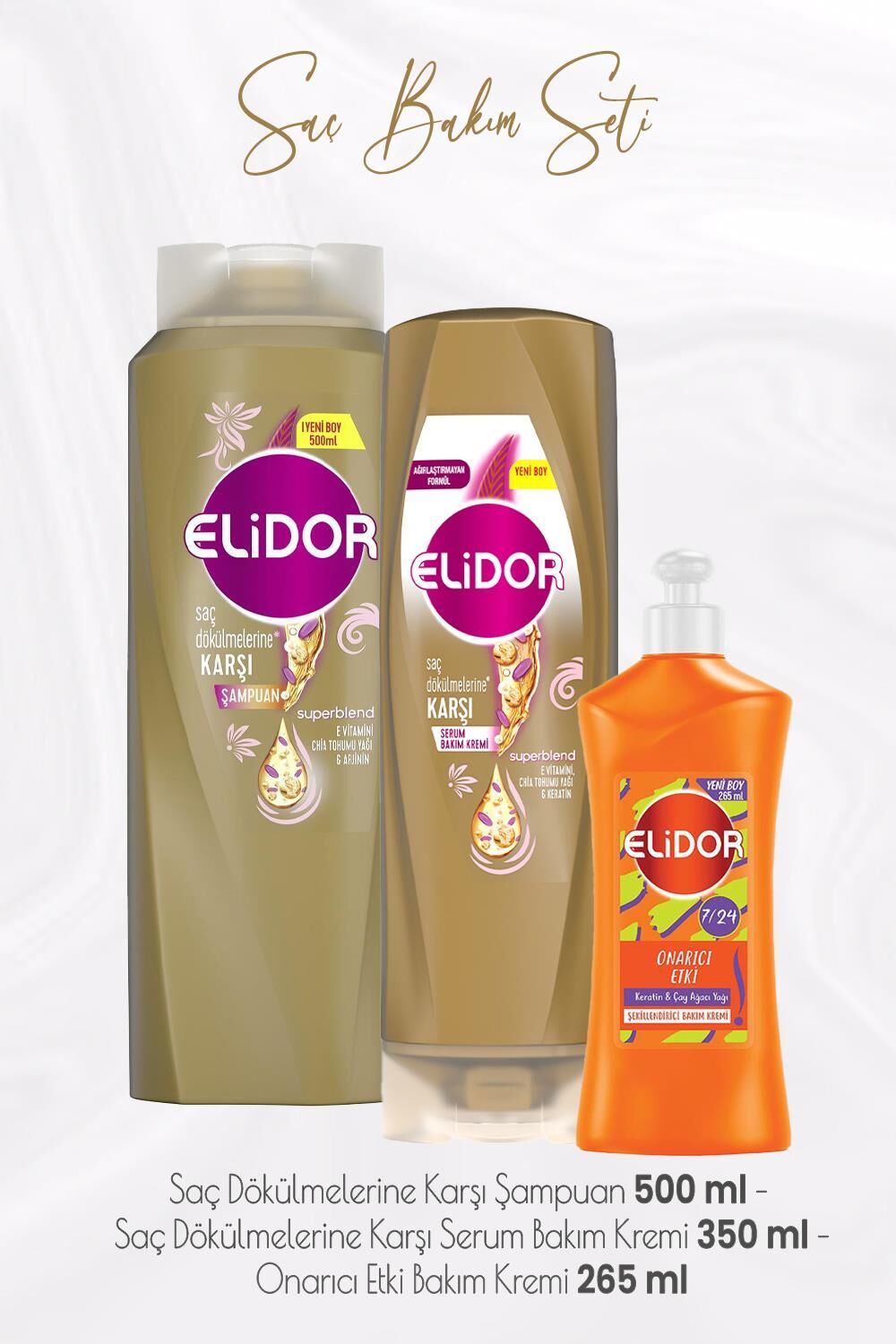 Elidor Superblend Saç Dökülmelerine Şampuan 500 ml, Serum Bakım Kremi 350 ml ve Onarıcı Etki Krem 265 ml