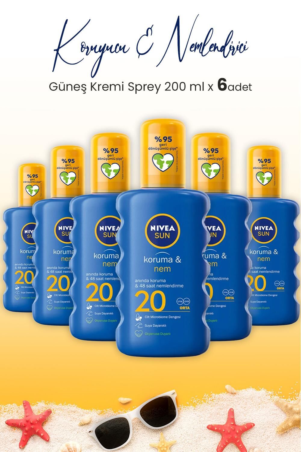 Nivea Sun SPF20 Güneş Koruyucu & 48 Nemlendirici Güneş Kremi Sprey 200 ml x 6 Adet