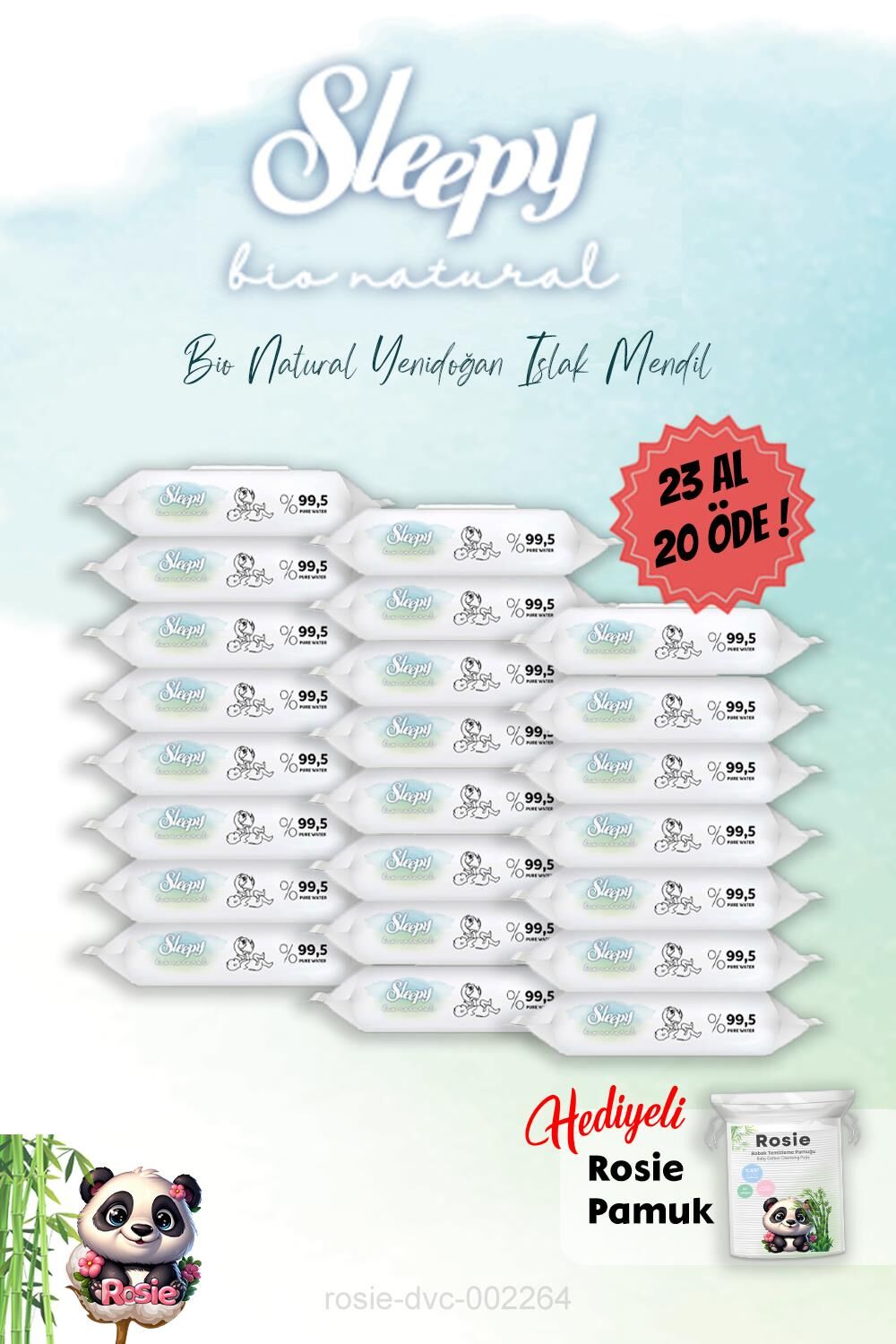 Bio Natural Yenidoğan Islak Havlu 40'lı 23 Al 20 Öde ve Rosie Hediye