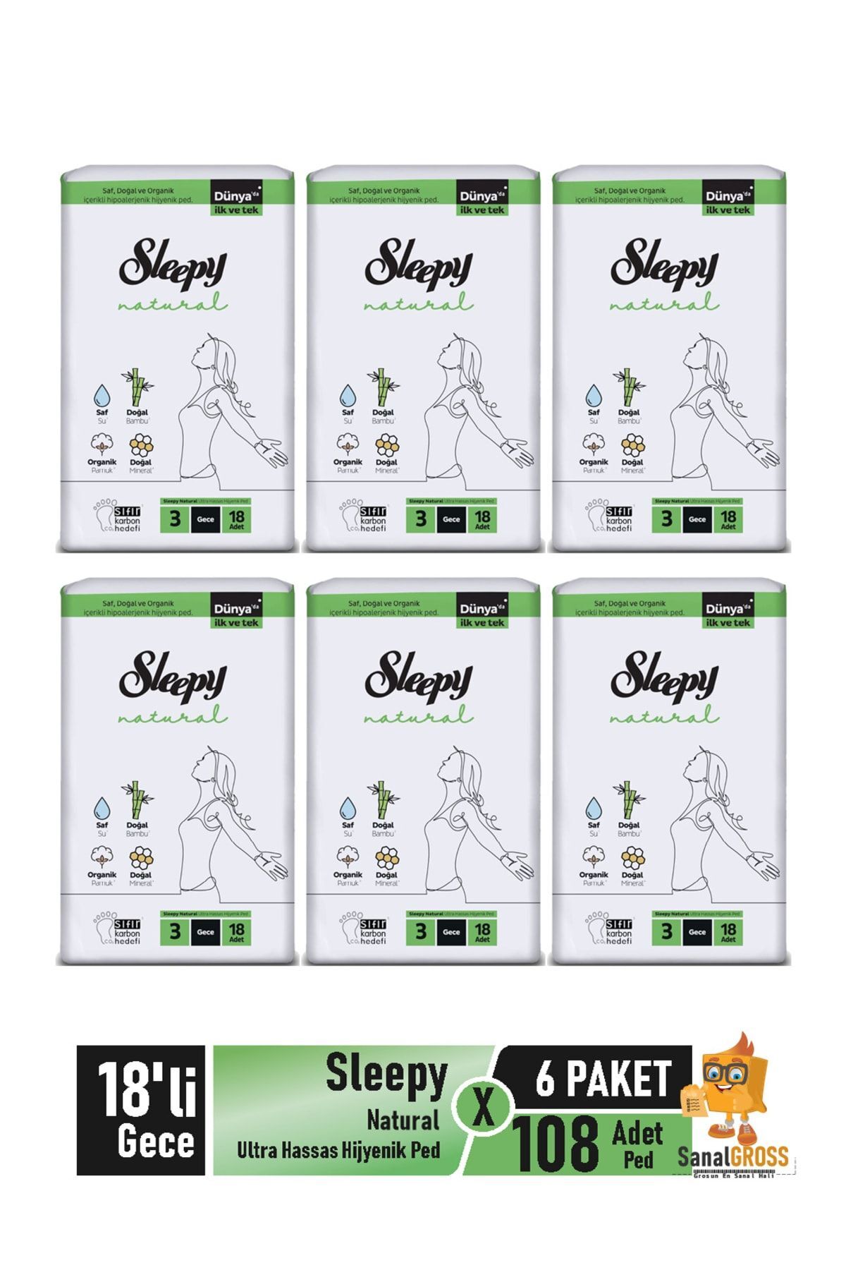 Natural Ultra Hassas Hijyenik Ped 18'li Gece X 6 Paket