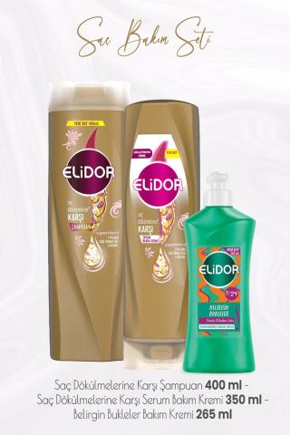 Elidor Superblend Saç Dökülmelerine Şampuan 400 ml, Serum Bakım Kremi 350 ml ve Belirgin Bukleler Krem 265 ml