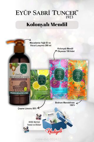 Kolonyalı Mendil Limon 50'li, 150'li Okyanus ve Mandalina, Macadamia Losyon 250 ml Rosie