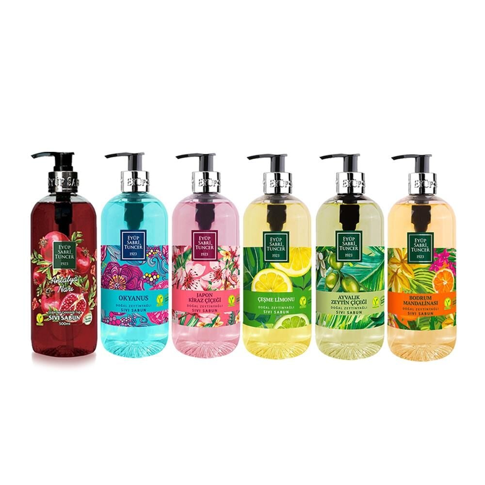 Eyüp Sabri Tuncer Sıvı Sabun Seti Ayvalık Zeytin Çiçeği, Çeşme Limonu, Japon Kiraz Çiçeği, Okyanus, Bodrum Mandalinası, Antalya Narı 500 ML