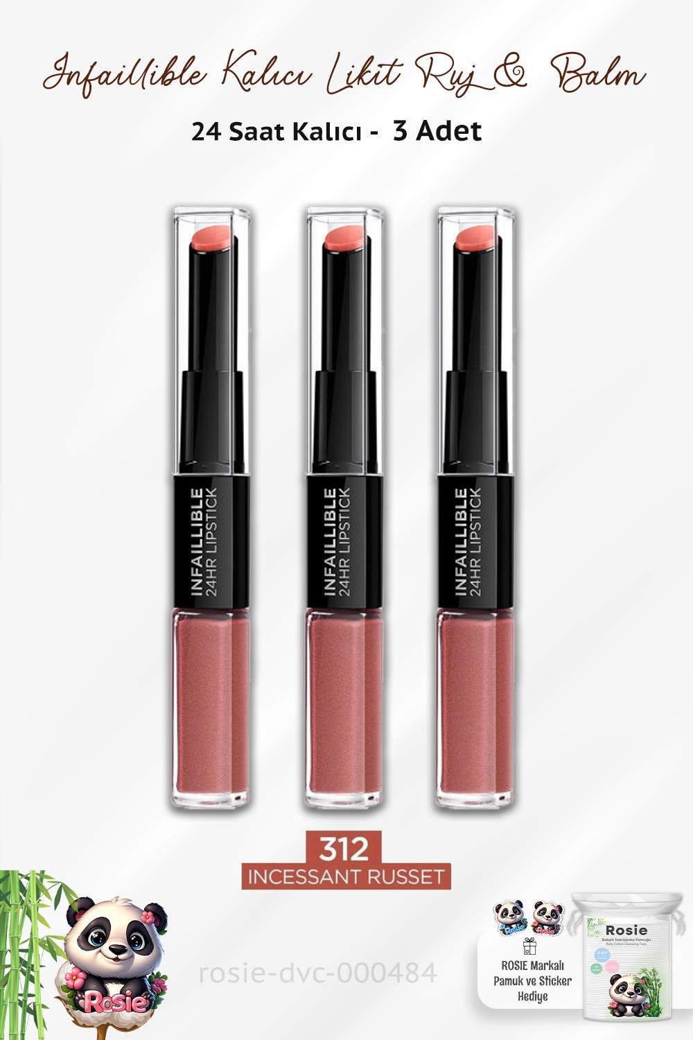 Loreal Paris 3 Adet 24H Kalıcı Likit Ruj & Balm 312 Incessant Russet ve ROSIE