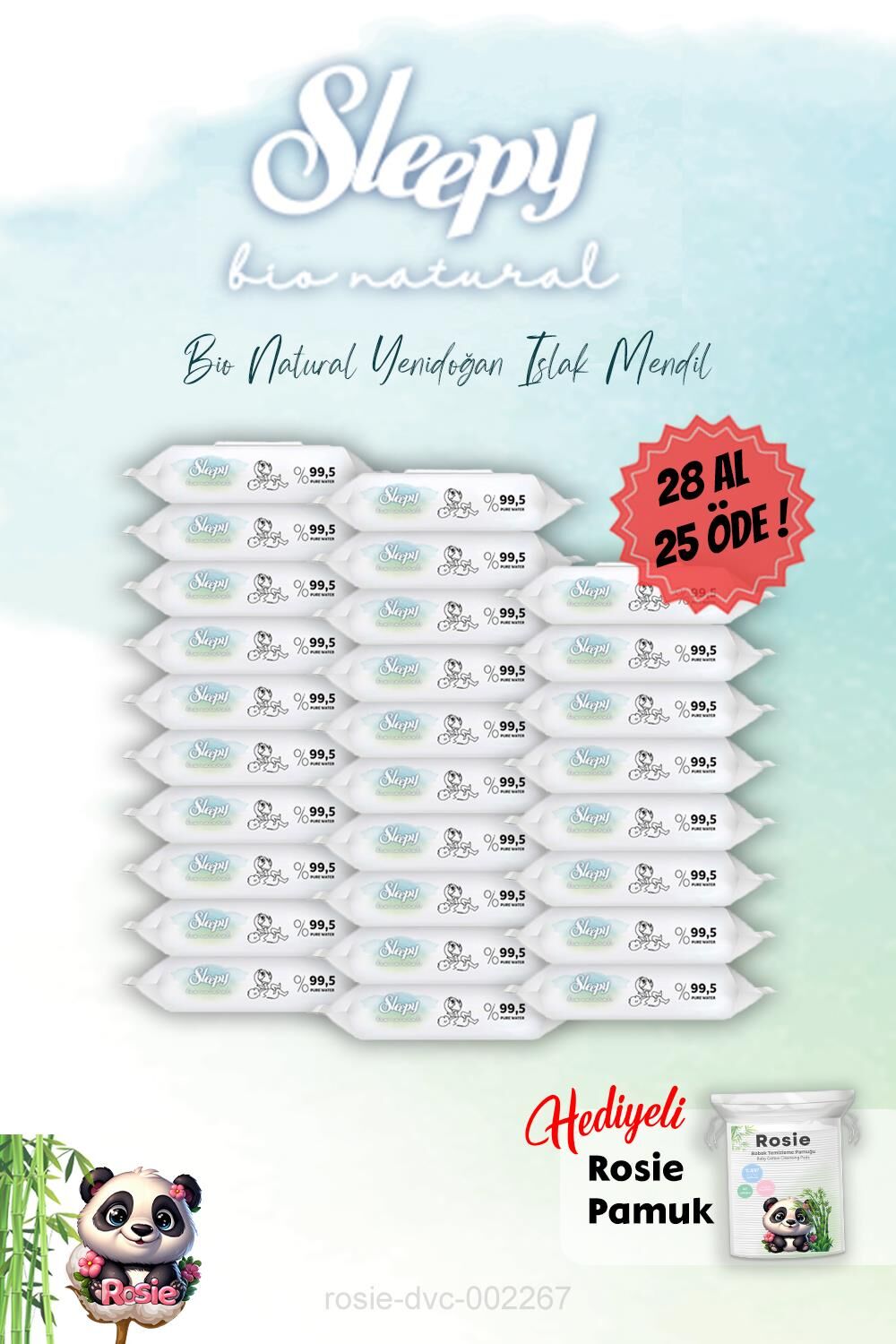 Bio Natural Yenidoğan Islak Havlu 40'lı 28 Al 25 Öde ve Rosie Hediye