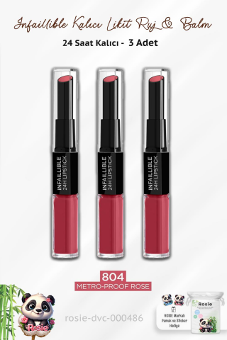 3 Adet Loreal Paris Infaillible 24H Kalıcı Likit Ruj & Balm 804 Metro-Proof Rose ve ROSIE