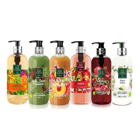 Eyüp Sabri Tuncer Sıvı Sabun Seti Amber, Antalya Narı, Beyaz Sabun, Bodrum Mandalinası, Bolu Çam, Şeftali Çiçeği 500 ml