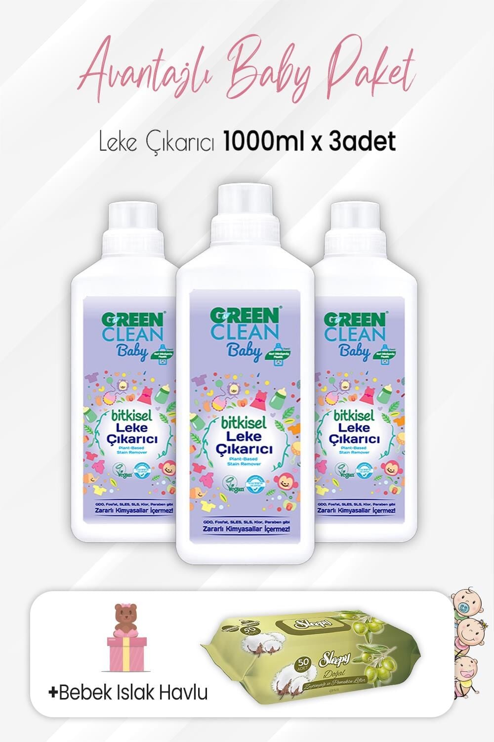 Green Clean Baby Leke Çıkarıcı 1000 ml x 3 Adet ve Zeytinyağlı Pamuklu 50'li