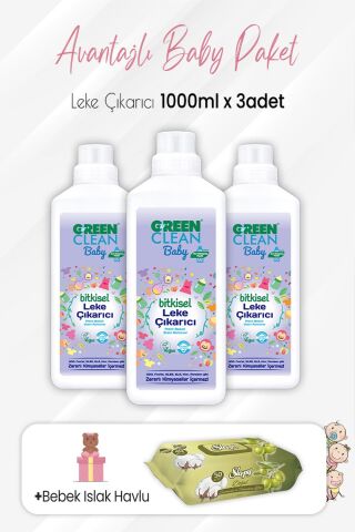 Green Clean Baby Leke Çıkarıcı 1000 ml x 3 Adet ve Zeytinyağlı Pamuklu 50'li