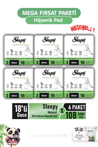 Sleepy Natural Ultra Hassas Hijyenik Ped 18'li Gece X 6 Paket ve ROSIE