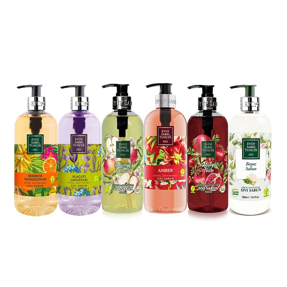 Eyüp Sabri Tuncer Sıvı Sabun Seti Alaçatı Lavantası, Amasya Elması, Amber, Antalya Narı, Beyaz Sabun, Bodrum Mandalinası 500 ml