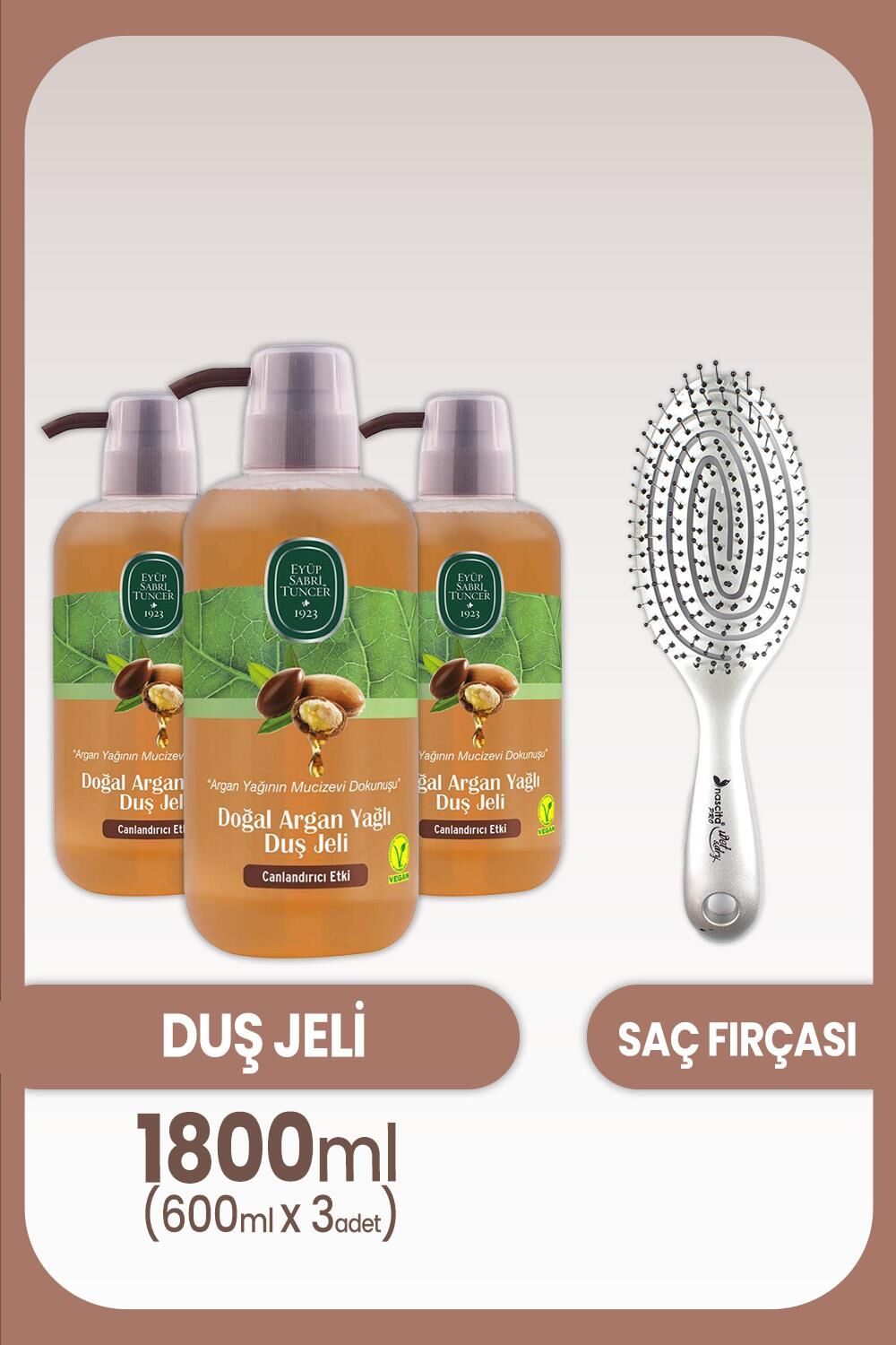 Eyüp Sabri Tuncer Argan Yağlı Duş Jeli 600 ml x 3 Adet ve Saç Fırçası