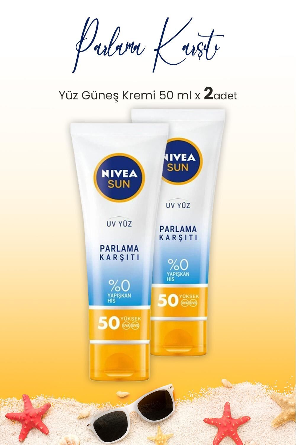 Nivea Sun SPF50 Parlama Karşıtı ve Matlaştırıcı Güneş Koruyucu Yüz Güneş Kremi 50 ml x 2 Adet