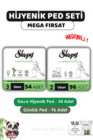 Sleepy Natural Hijyenik Ped Gece 54 Adet Günlük Ped Uzun 96 Adet ve ROSIE