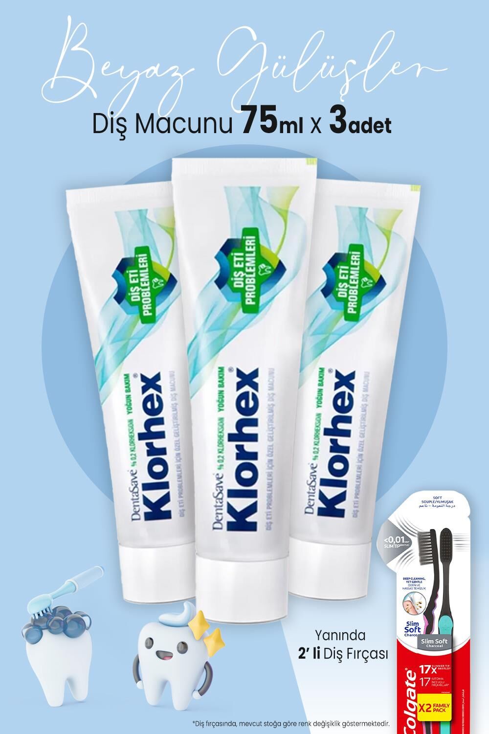Dentasave Klorhex Diş Macunu Yoğun Bakım 75 ml x 3 Adet ve 2'li Diş Fırçası