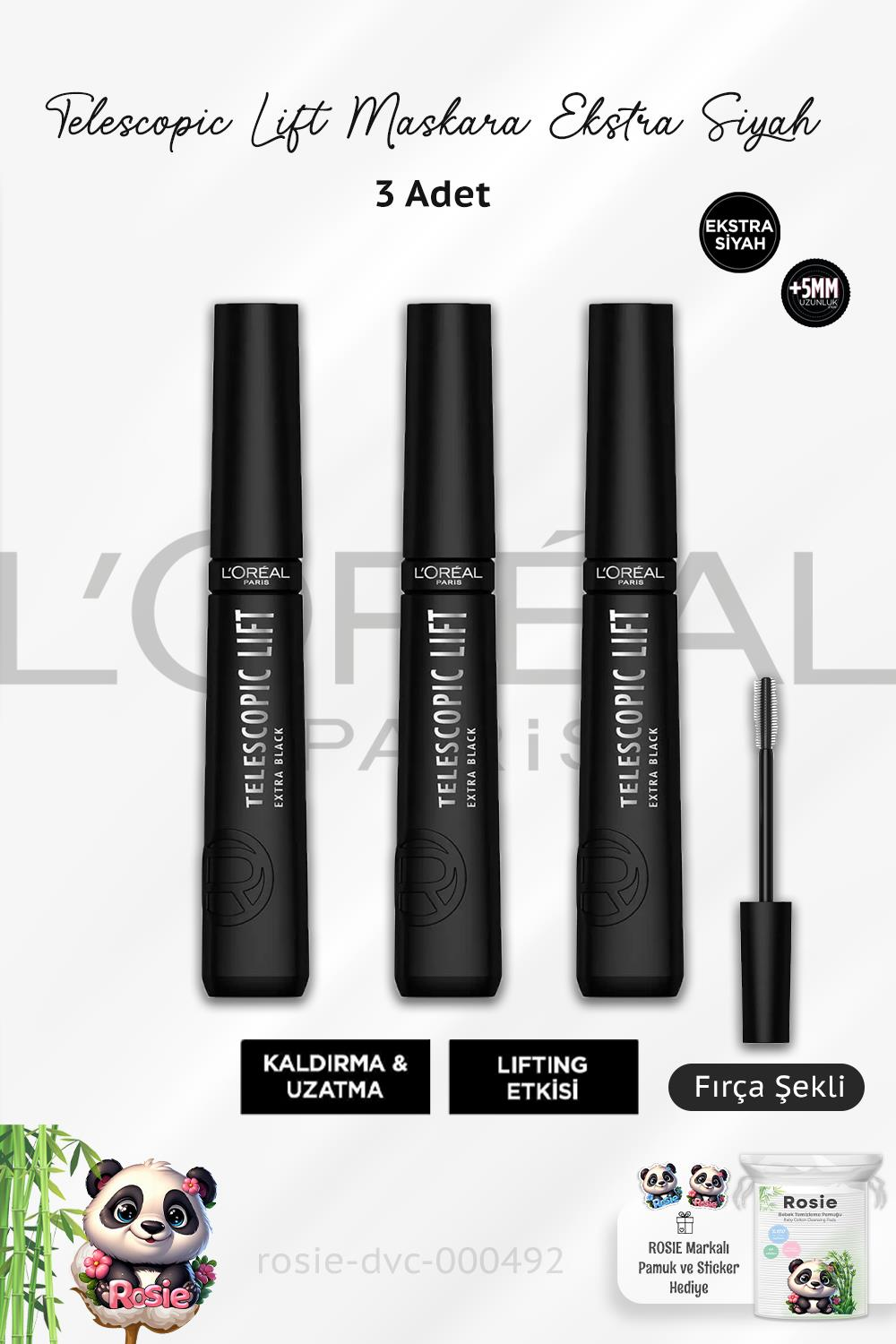3 Adet Loreal Paris Telescopic Lift Maskara Ekstra Siyah ve  ROSIE Pamuk