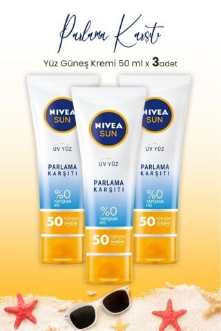 Nivea Sun SPF50 Parlama Karşıtı ve Matlaştırıcı Güneş Koruyucu Yüz Güneş Kremi 50 ml x 3 Adet