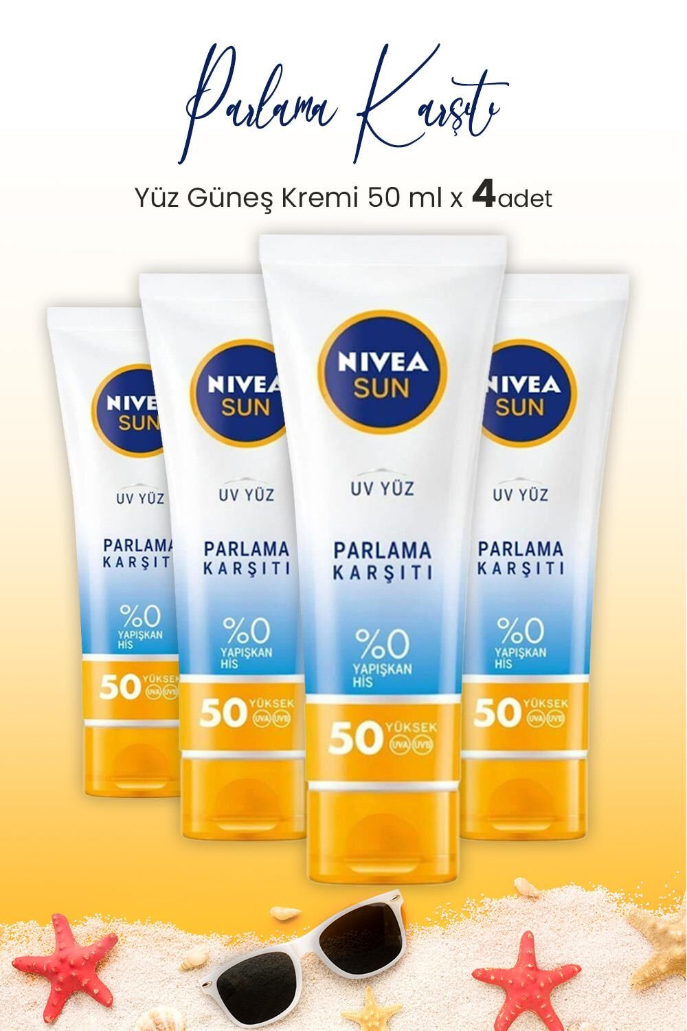 Nivea Sun SPF50 Parlama Karşıtı ve Matlaştırıcı Güneş Koruyucu Yüz Güneş Kremi 50 ml x 4 Adet