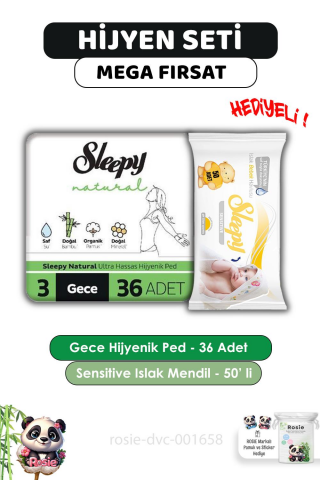 Sleepy Natural Ultra Hassas Hijyenik Ped Gece 36 Adet, Sensitive 50'li Islak Mendil ve ROSIE