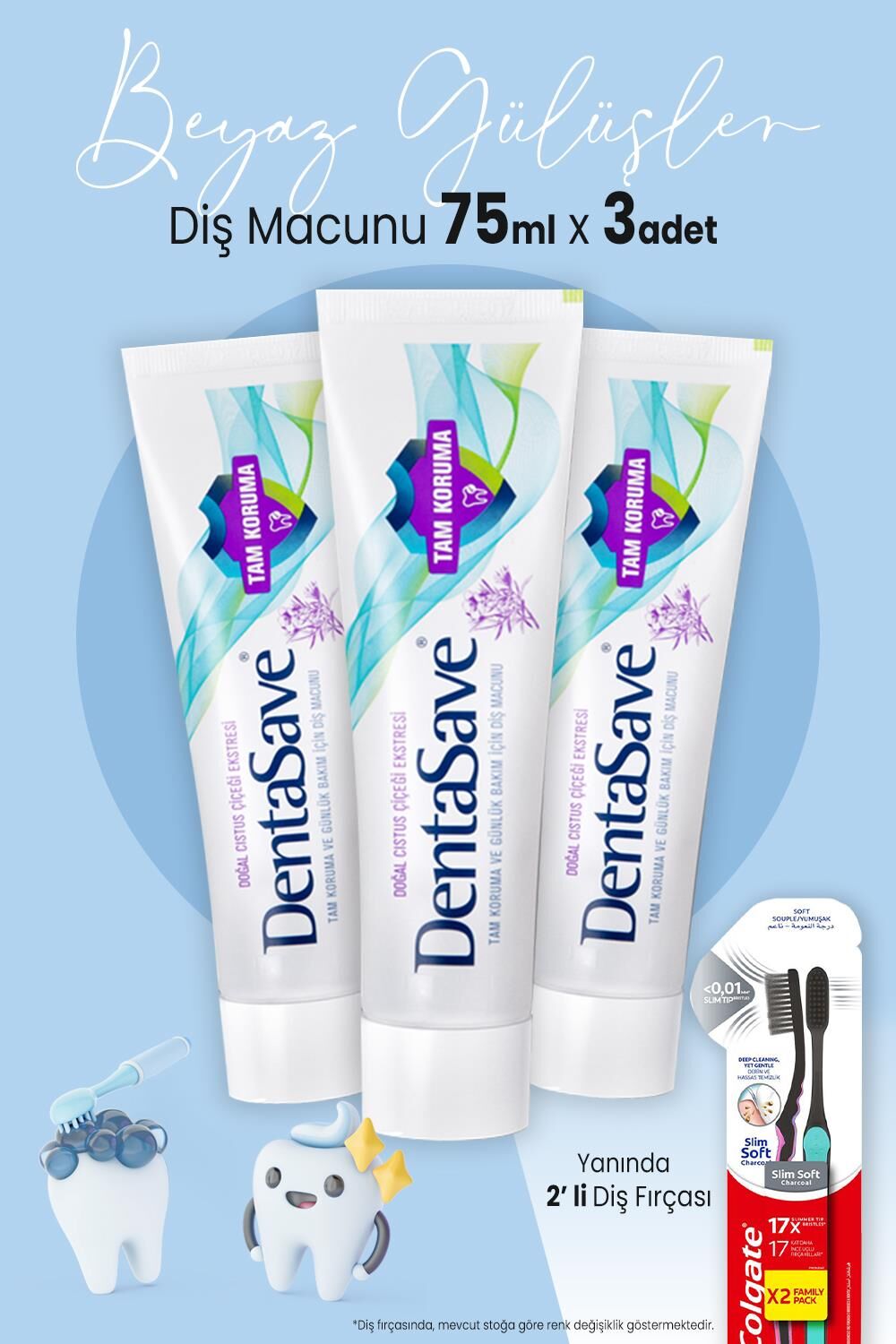 DentaSave Diş Macunu Tam Koruma Cıstus Çiçeği 75 ml x 3 Adet ve 2'li Diş Fırçası