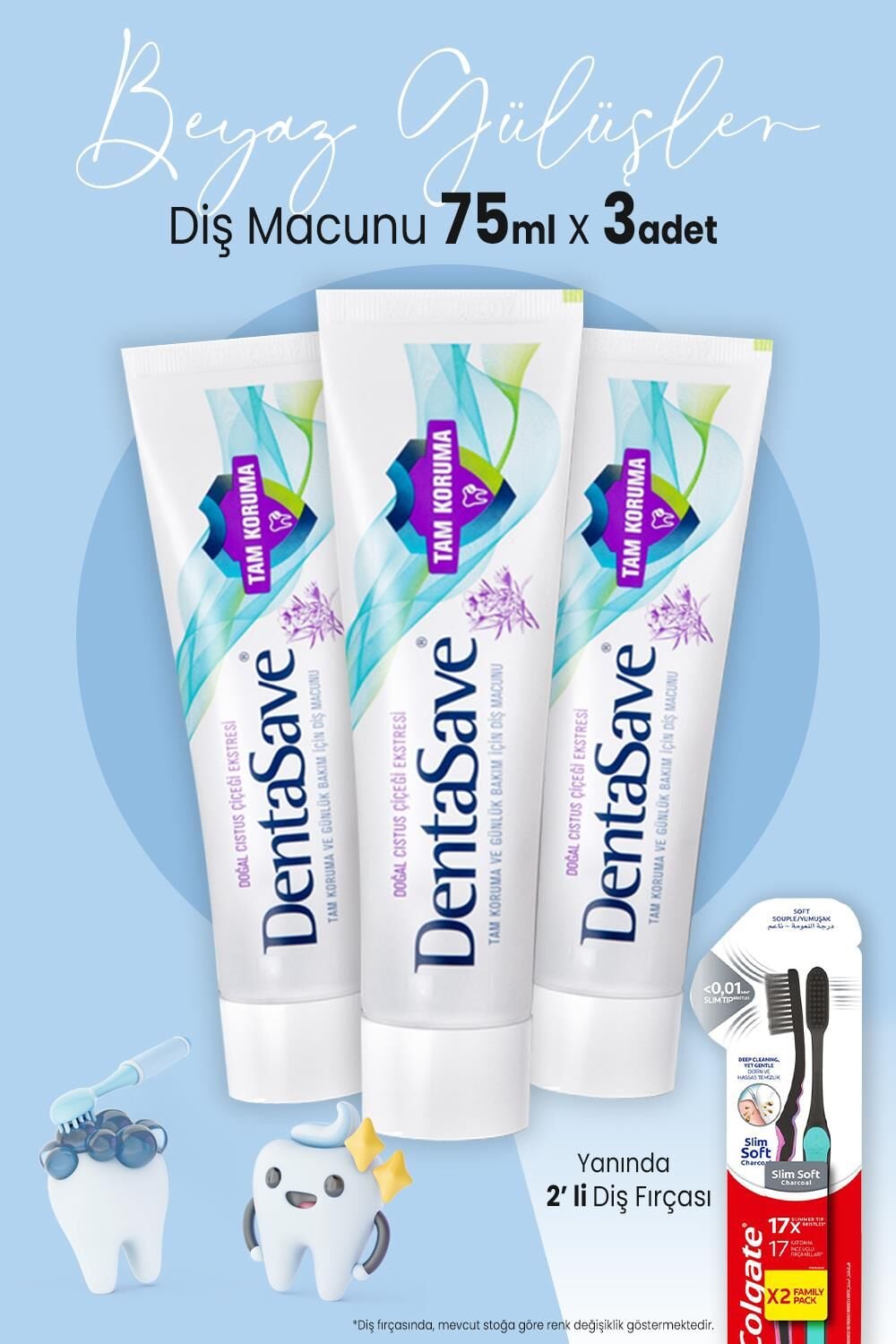 DentaSave Diş Macunu Tam Koruma Cıstus Çiçeği 75 ml x 3 Adet ve 2'li Diş Fırçası
