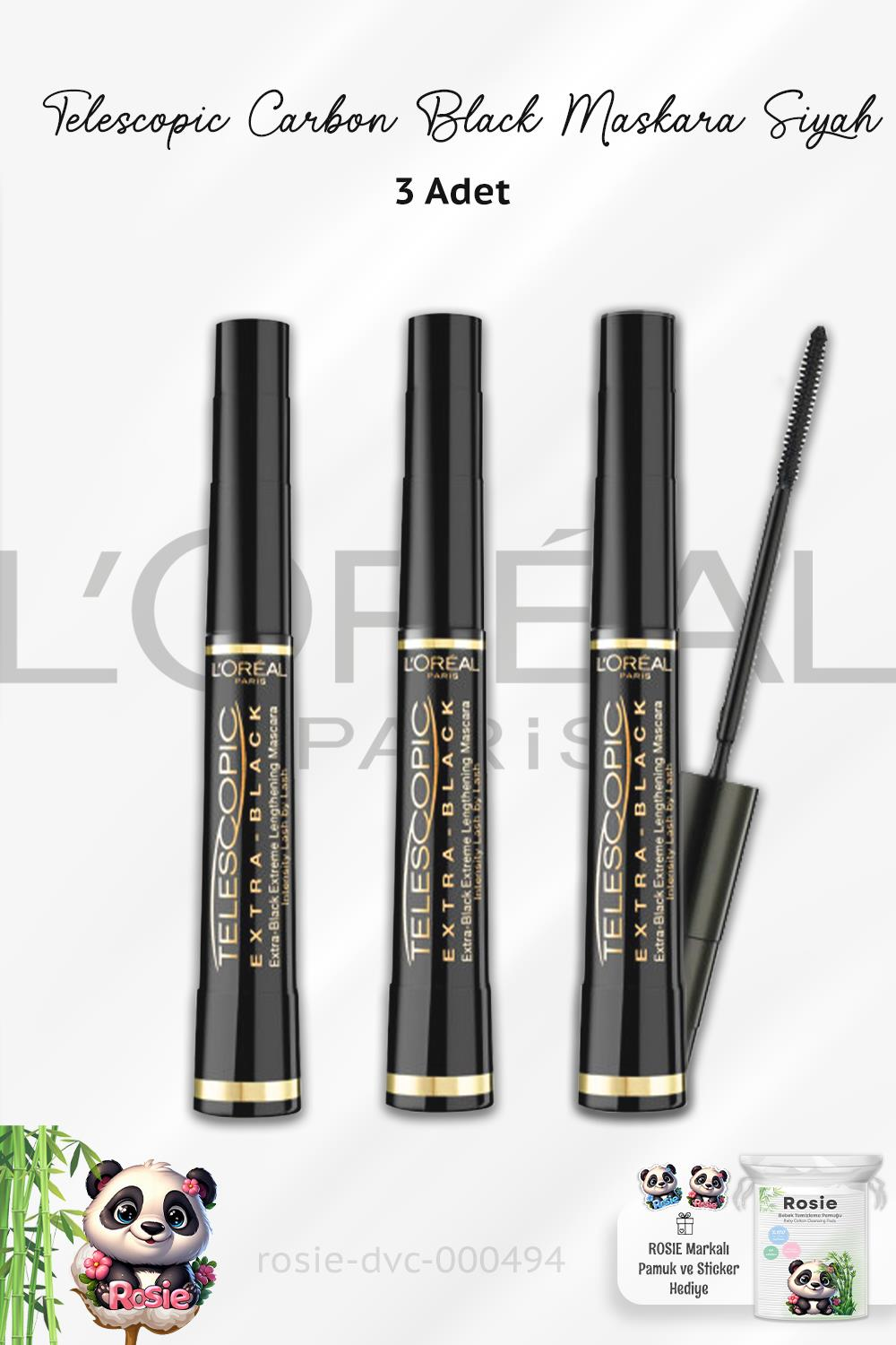 3 Adet Loreal Paris Telescopic Carbon Black Maskara Siyah ve ROSIE