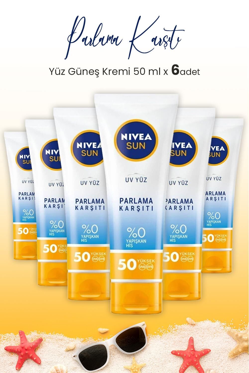 Nivea Sun SPF50 Parlama Karşıtı ve Matlaştırıcı Güneş Koruyucu Yüz Güneş Kremi 50 ml x 6 Adet