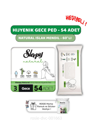 Sleepy Natural Ultra Hassas Hijyenik Ped Gece 54 Adet, Natural 60'lı Islak Mendil e ROSIE