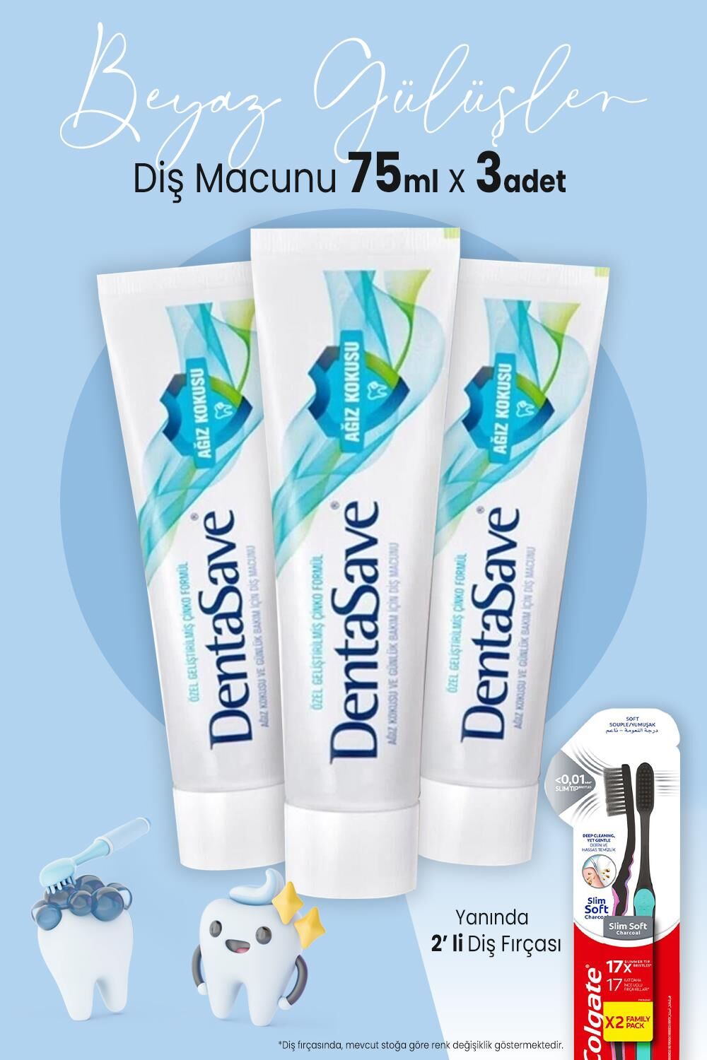 DentaSave Diş Macunu Ağız Kokusu Çinko Formül 75 ml x 3 Adet ve 2'li Diş Fırçası