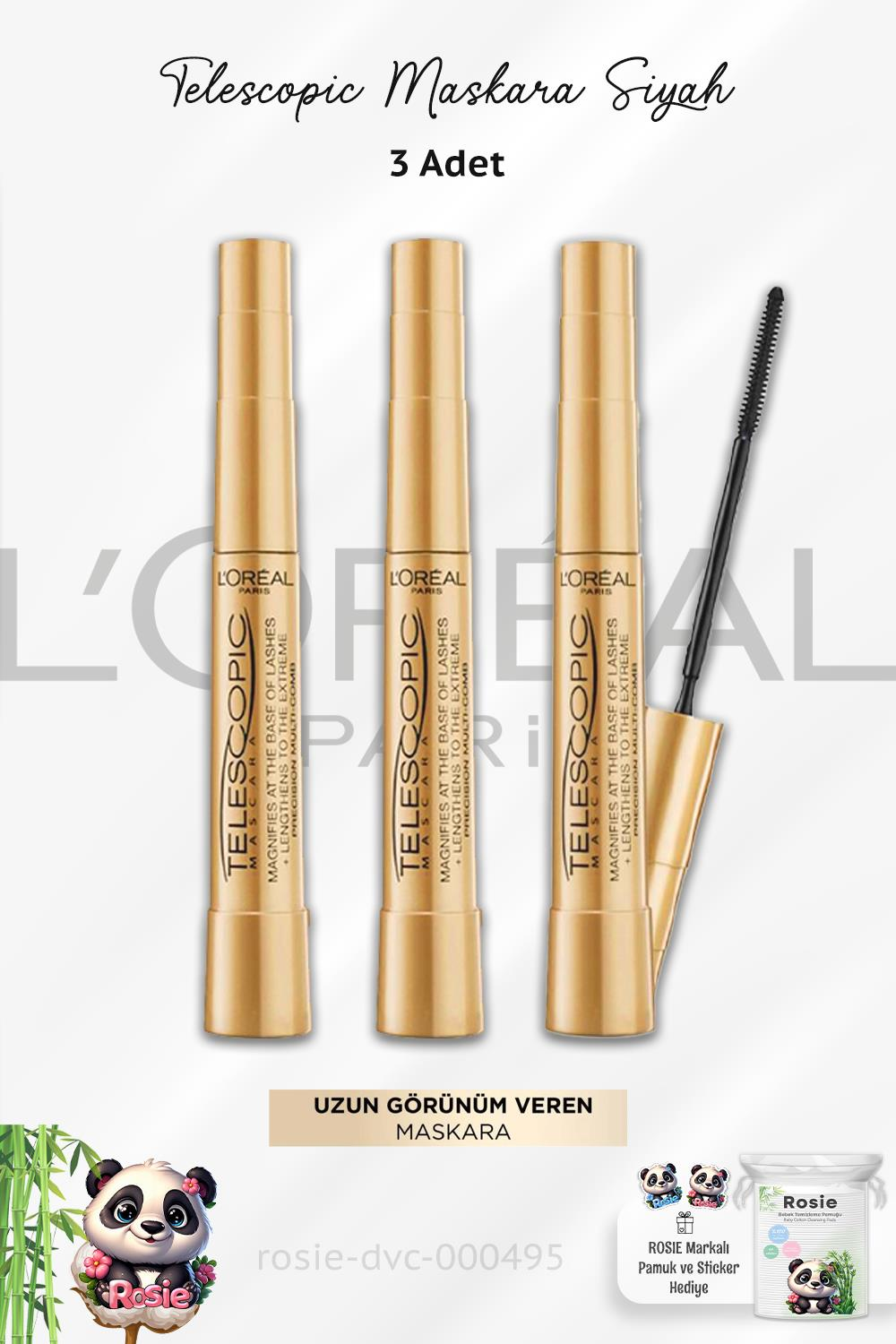 3 Adet Loreal Paris Telescopic Maskara Siyah ve ROSIE Pamuk