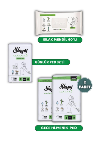 Sleepy Natural Ultra Hassas Ped Gece 36'lı, Günlük Ped 32'li, Natural 60'lı Mendil ve ROSIE