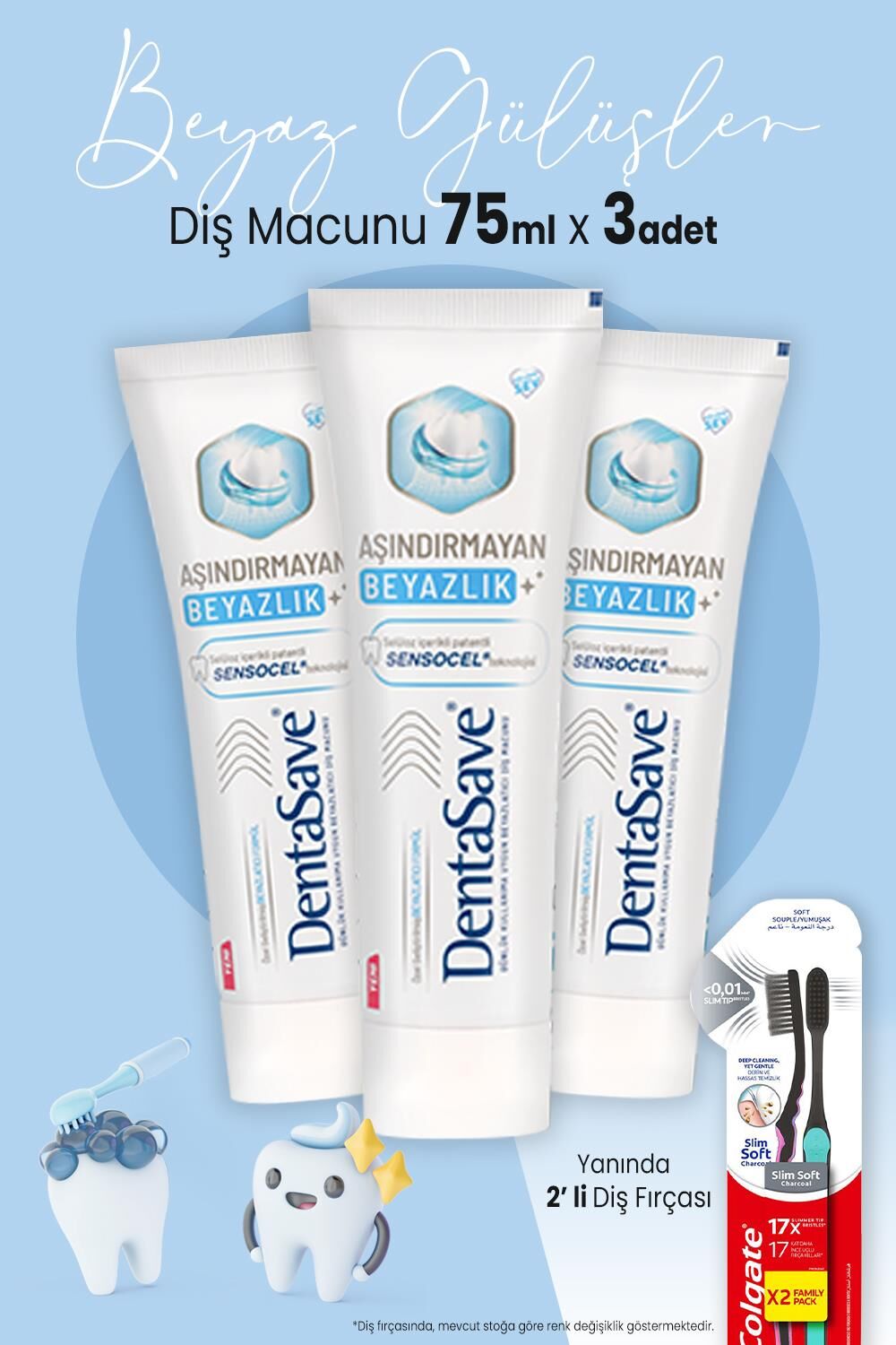 Dentasave Aşındırmayan Beyazlık 75 ml x 3 Adet ve 2'li Diş Fırçası