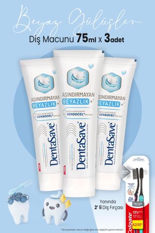 Dentasave Aşındırmayan Beyazlık 75 ml x 3 Adet ve 2'li Diş Fırçası