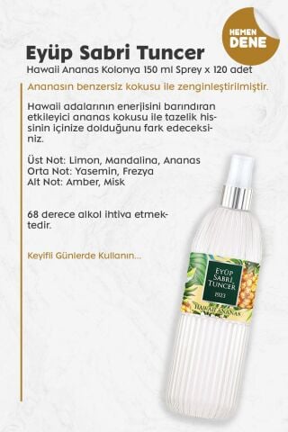 Mevlüd İçin Hediyelik Sprey Kolonya Hawaii Ananas 150 ml x 120 Adet