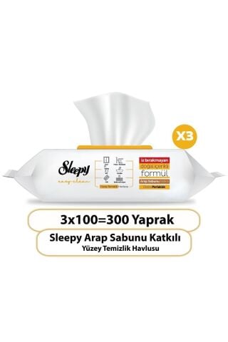 Sleepy Easy Clean Arap Sabunu Katkılı Yüzey Temizlik Havlusu 100' lü x 3 Adet