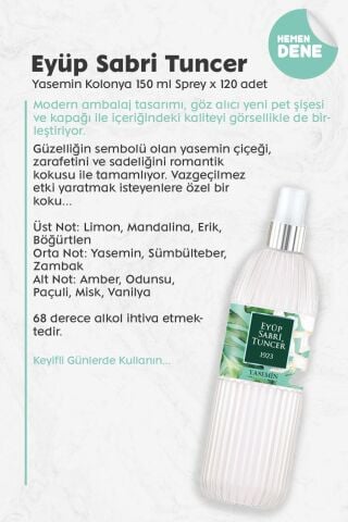 Mevlüd İçin Hediyelik Sprey Kolonya Yasemin 150 ML x 120 Adet