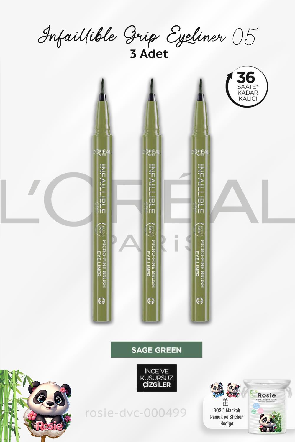3 Adet Loreal Paris Infaillible Grip Eyeliner 05 Sage Green ve ROSIE Pamuk