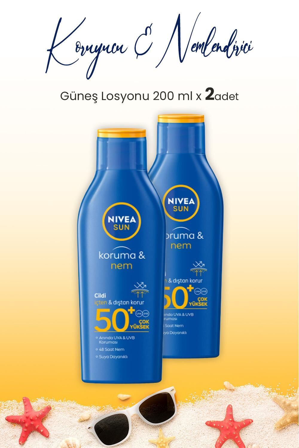 Nivea Sun SPF50+ Güneş Koruyucu & 48 Nemlendirici Güneş Losyonu 200 ml x 2 Adet